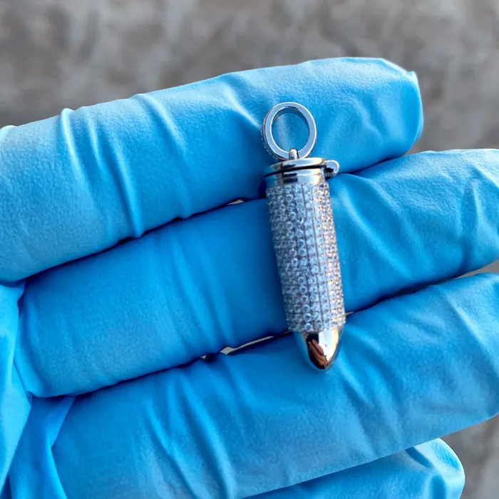 925 Sterling Silver Hollow Bullet Iced Flooded Out CZ Pendant Bling Cartel Necklaces 925 Sterling Silver Hollow Bullet Iced Flooded Out CZ Pendant Bling Cartel Necklaces