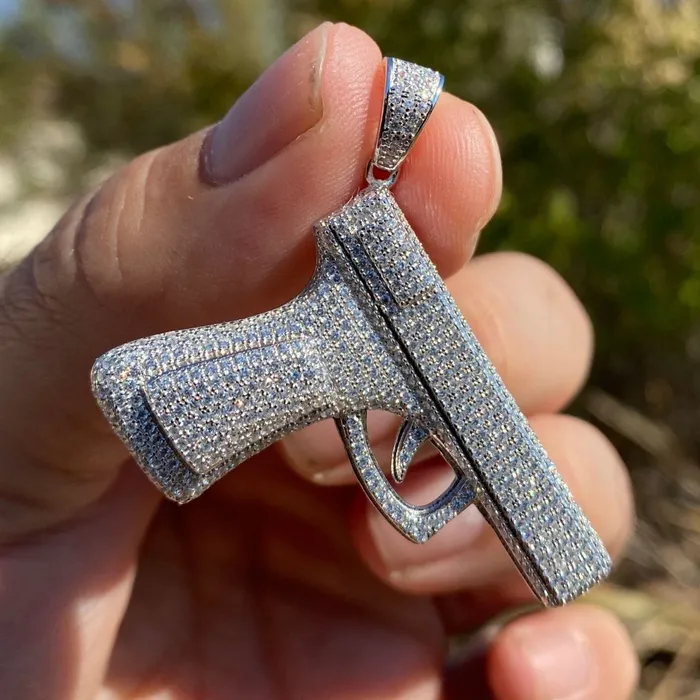 925 Sterling Silver Iced Pistol Gun CZ Flooded Out Pendant Bling Cartel Admin Necklaces