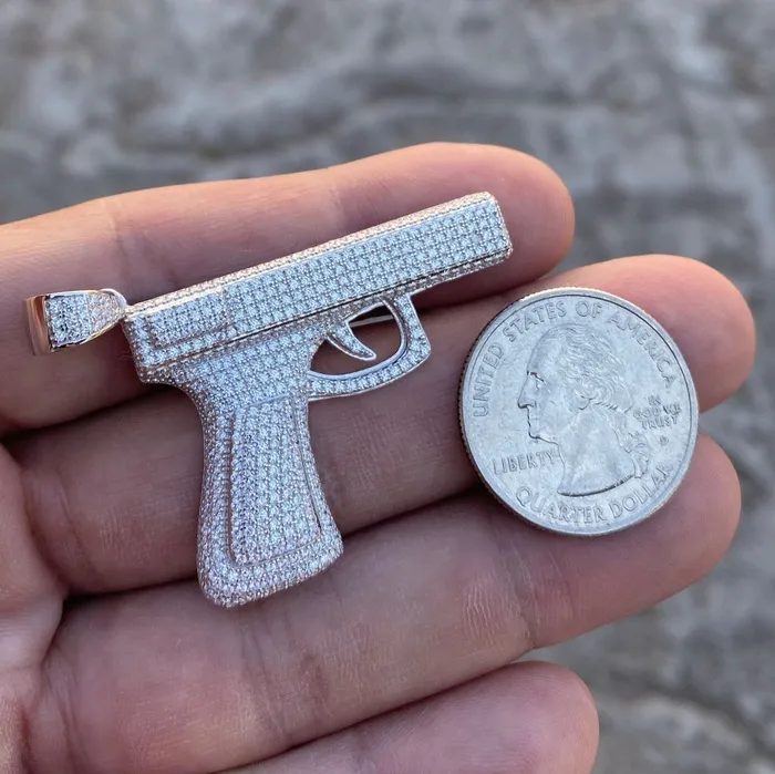 925 Sterling Silver Iced Pistol Gun CZ Flooded Out Pendant Bling Cartel Admin Necklaces