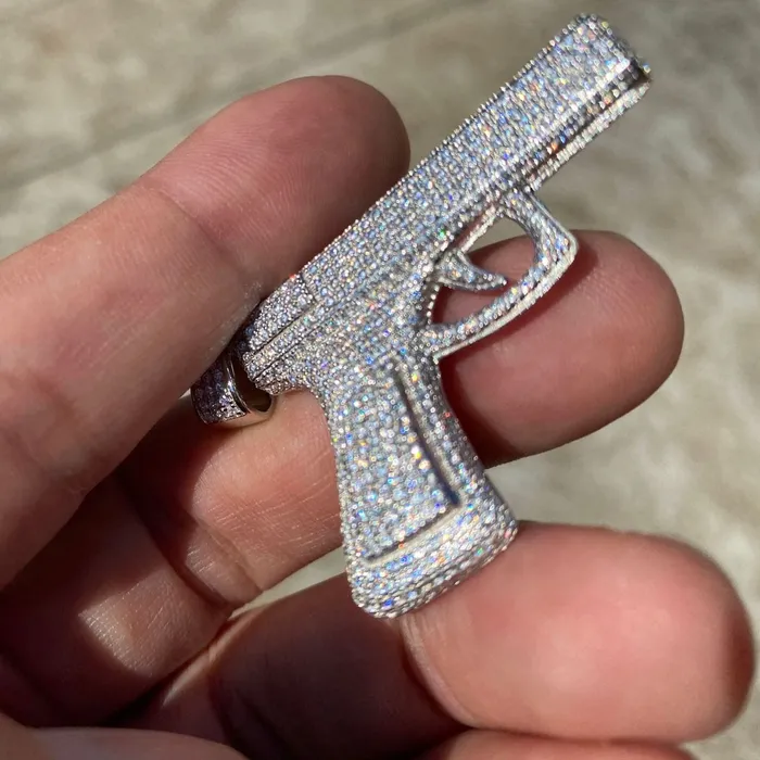 925 Sterling Silver Iced Pistol Gun CZ Flooded Out Pendant Bling Cartel Admin Necklaces