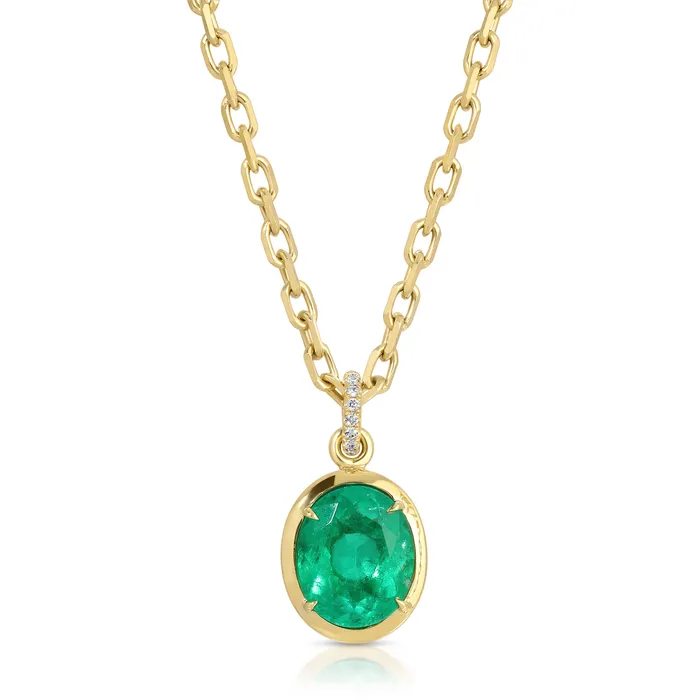anitako Necklaces BEZELED COLOMBIAN OVAL EMERALD PENDANT WITH DIAMOND BAIL anitako Necklaces BEZELED COLOMBIAN OVAL EMERALD PENDANT WITH DIAMOND BAIL