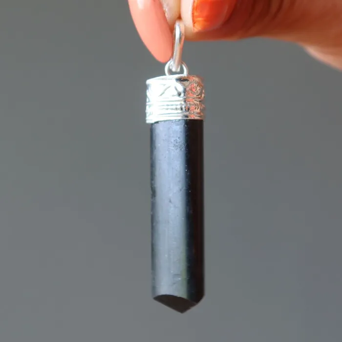 Black Tourmaline Pendant Protection Point Silver Satin Crystals Necklaces