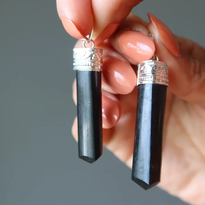 Black Tourmaline Pendant Protection Point Silver Satin Crystals Necklaces