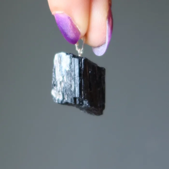 Black Tourmaline Pendant Raw Crystal Savior Silver Satin Crystals Necklaces