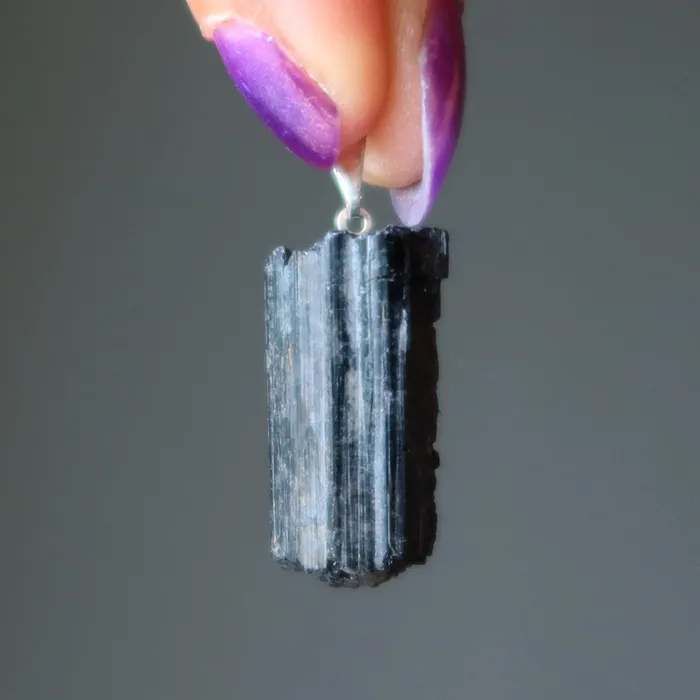 Black Tourmaline Pendant Raw Crystal Savior Silver Satin Crystals Necklaces