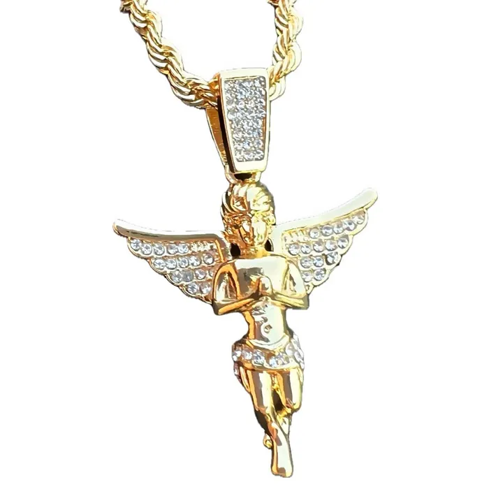 Bling Cartel Necklaces 14k Gold Plated Praying Angel Pendant Iced CZ Wings Rope Chain Necklace 24 Bling Cartel Necklaces 14k Gold Plated Praying Angel Pendant Iced CZ Wings Rope Chain Necklace 24