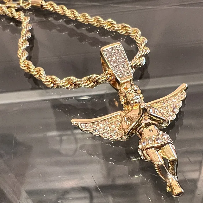 Bling Cartel Necklaces 14k Gold Plated Praying Angel Pendant Iced CZ Wings Rope Chain Necklace 24 Bling Cartel Necklaces 14k Gold Plated Praying Angel Pendant Iced CZ Wings Rope Chain Necklace 24