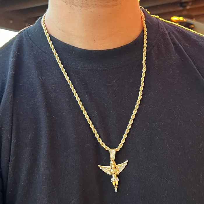 Bling Cartel Necklaces 14k Gold Plated Praying Angel Pendant Iced CZ Wings Rope Chain Necklace 24 Bling Cartel Necklaces 14k Gold Plated Praying Angel Pendant Iced CZ Wings Rope Chain Necklace 24