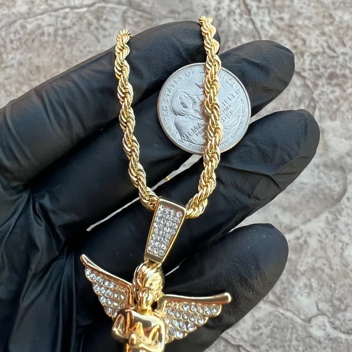Bling Cartel Necklaces 14k Gold Plated Praying Angel Pendant Iced CZ Wings Rope Chain Necklace 24 Bling Cartel Necklaces 14k Gold Plated Praying Angel Pendant Iced CZ Wings Rope Chain Necklace 24