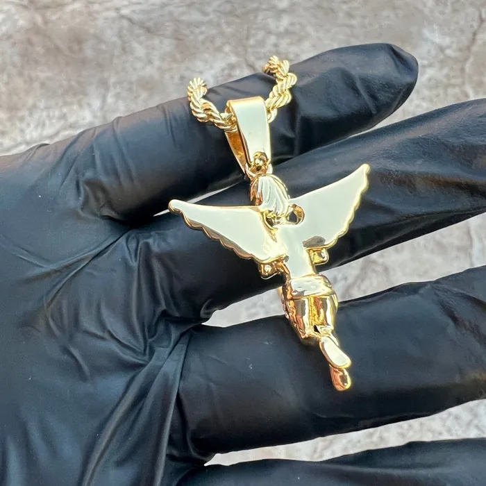 Bling Cartel Necklaces 14k Gold Plated Praying Angel Pendant Iced CZ Wings Rope Chain Necklace 24 Bling Cartel Necklaces 14k Gold Plated Praying Angel Pendant Iced CZ Wings Rope Chain Necklace 24