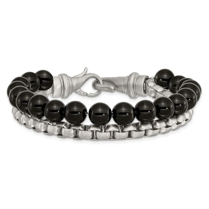 Bracelets Chisel Stainless Steel Brushed Box Chain Black Onyx 2 Strand 85in Bracelet Bracelets Chisel Stainless Steel Brushed Box Chain Black Onyx 2 Strand 85in Bracelet
