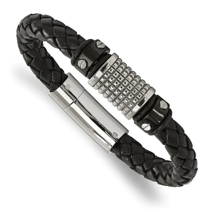 Bracelets Chisel Stainless Steel Polished Black IP Blk Leather Blk Rubber Bracelet Bracelets Chisel Stainless Steel Polished Black IP Blk Leather Blk Rubber Bracelet