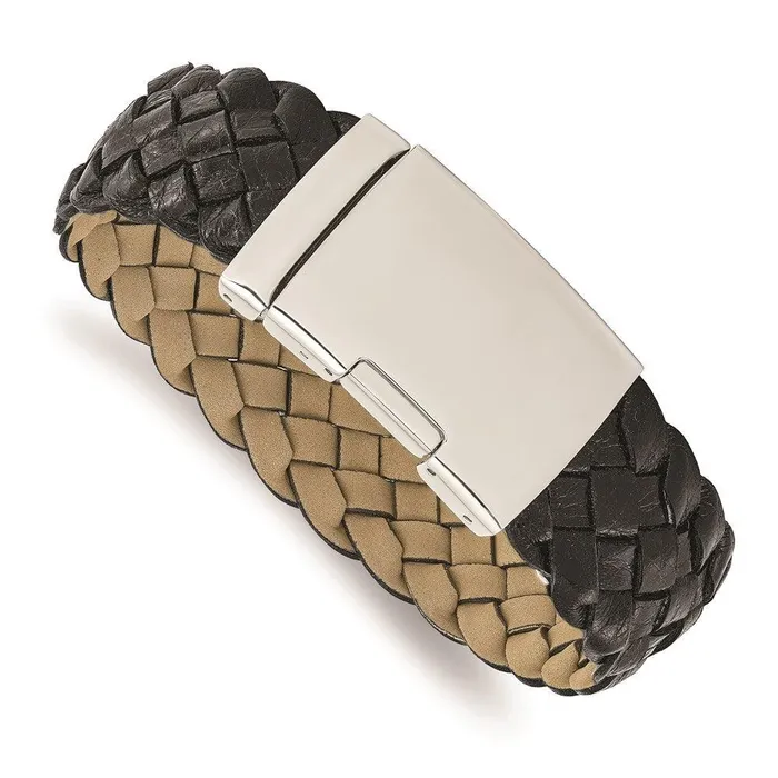 Bracelets Chisel Stainless Steel Polished Black Leather Buckle Bracelet