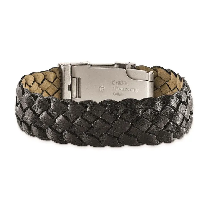 Bracelets Chisel Stainless Steel Polished Black Leather Buckle Bracelet Bracelets Chisel Stainless Steel Polished Black Leather Buckle Bracelet