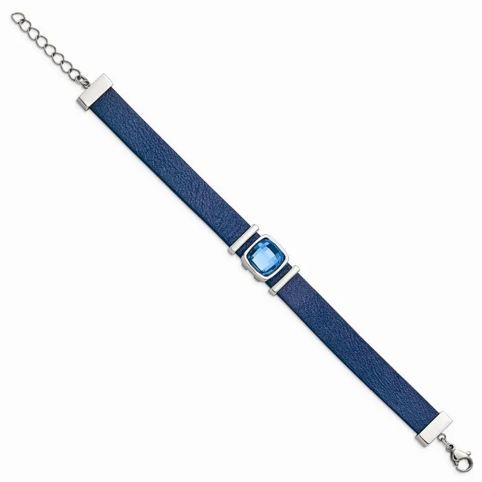 Bracelets Chisel Stainless Steel Polished Blue Leather wCrystal w125in ext 7in Bracelet Bracelets Chisel Stainless Steel Polished Blue Leather wCrystal w125in ext 7in Bracelet