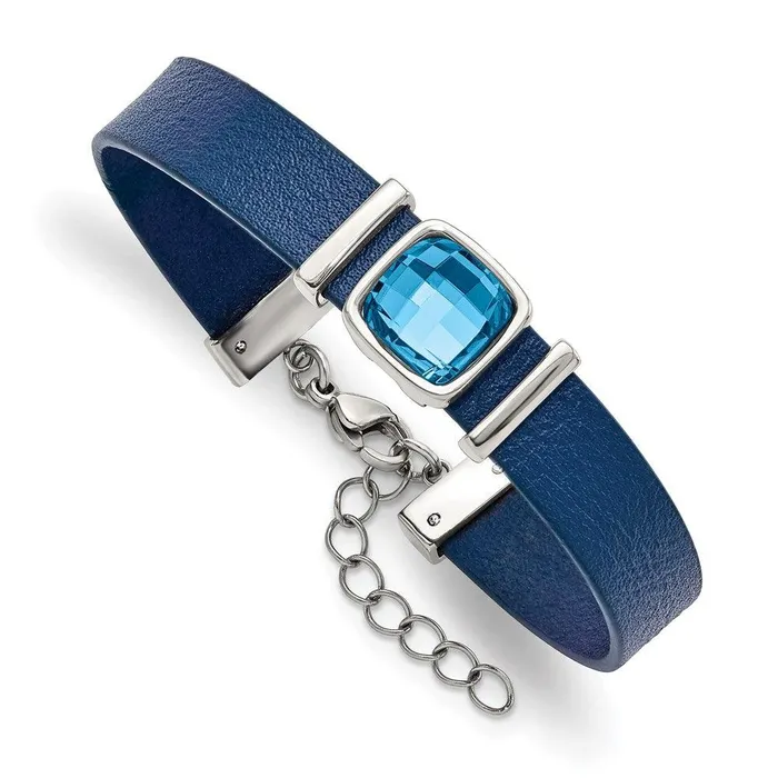 Bracelets Chisel Stainless Steel Polished Blue Leather wCrystal w125in ext 7in Bracelet Bracelets Chisel Stainless Steel Polished Blue Leather wCrystal w125in ext 7in Bracelet
