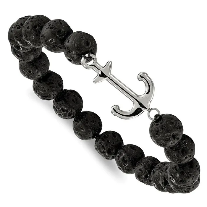 Bracelets Chisel Stainless Steel Polished with Black Lava Stone Anchor Stretch Bracelet Bracelets Chisel Stainless Steel Polished with Black Lava Stone Anchor Stretch Bracelet