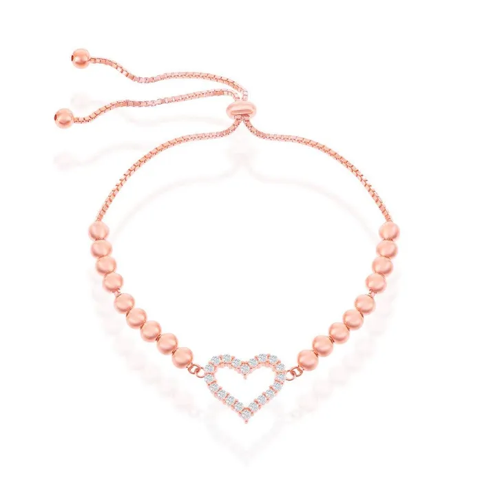Bracelets Classic Sterling Silver CZ Heart Beaded Adjustable Bolo Bracelet Rose Gold Plated Bracelets Classic Sterling Silver CZ Heart Beaded Adjustable Bolo Bracelet Rose Gold Plated