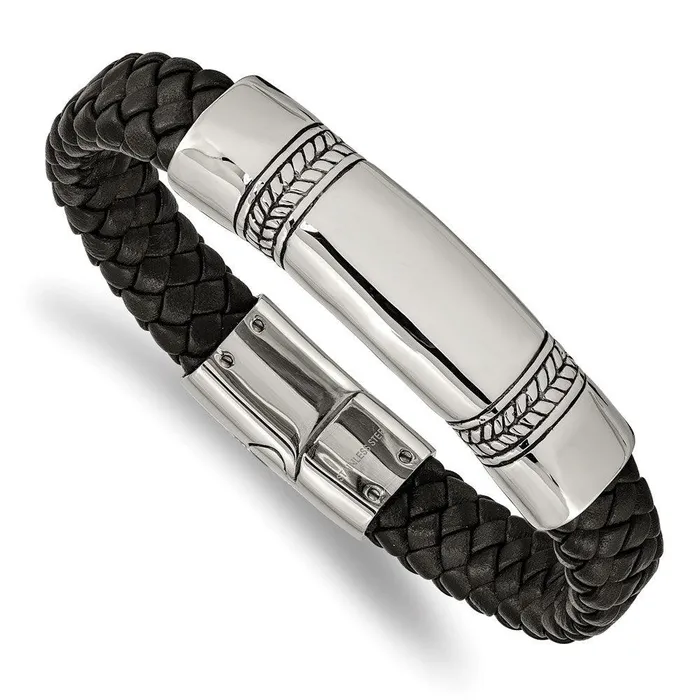 Chisel Bracelets Stainless Steel Antiqued and Polished Black Leather 825in ID Bracelet Chisel Bracelets Stainless Steel Antiqued and Polished Black Leather 825in ID Bracelet