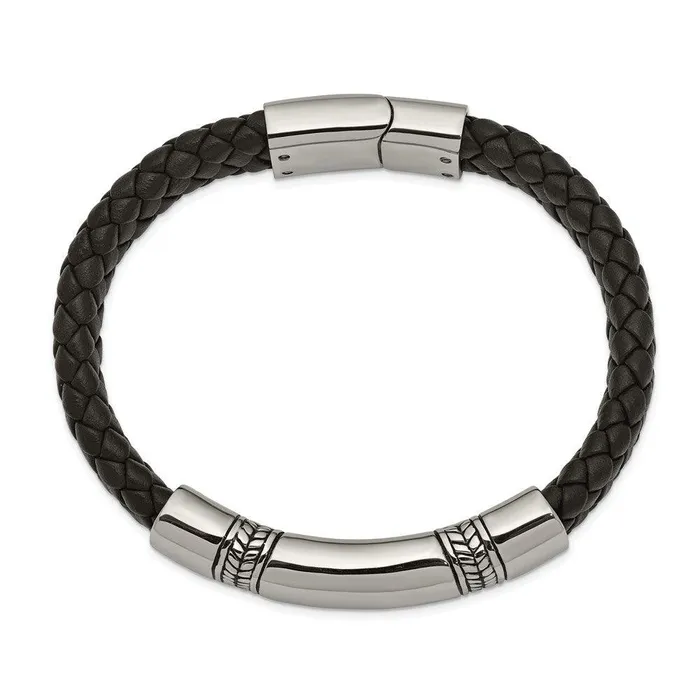 Chisel Bracelets Stainless Steel Antiqued and Polished Black Leather 825in ID Bracelet Chisel Bracelets Stainless Steel Antiqued and Polished Black Leather 825in ID Bracelet