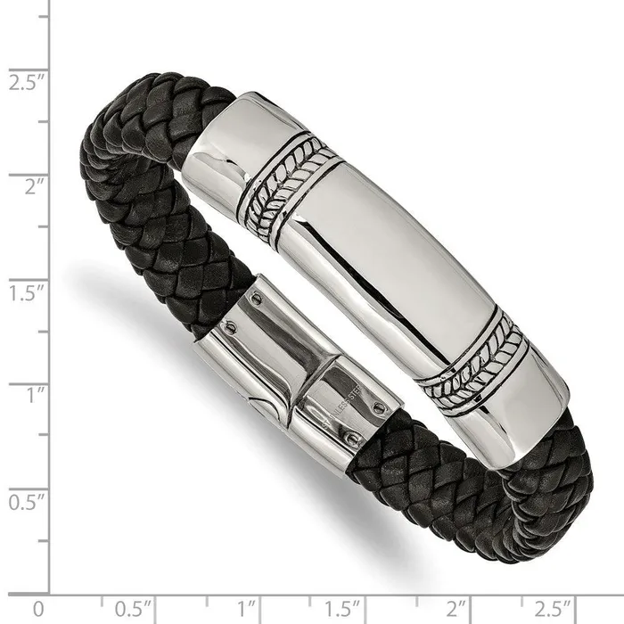 Chisel Bracelets Stainless Steel Antiqued and Polished Black Leather 825in ID Bracelet Chisel Bracelets Stainless Steel Antiqued and Polished Black Leather 825in ID Bracelet
