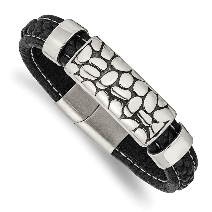 Chisel Bracelets Stainless Steel Antiqued Polished Black Faux Leather 85in Bracelet Chisel Bracelets Stainless Steel Antiqued Polished Black Faux Leather 85in Bracelet
