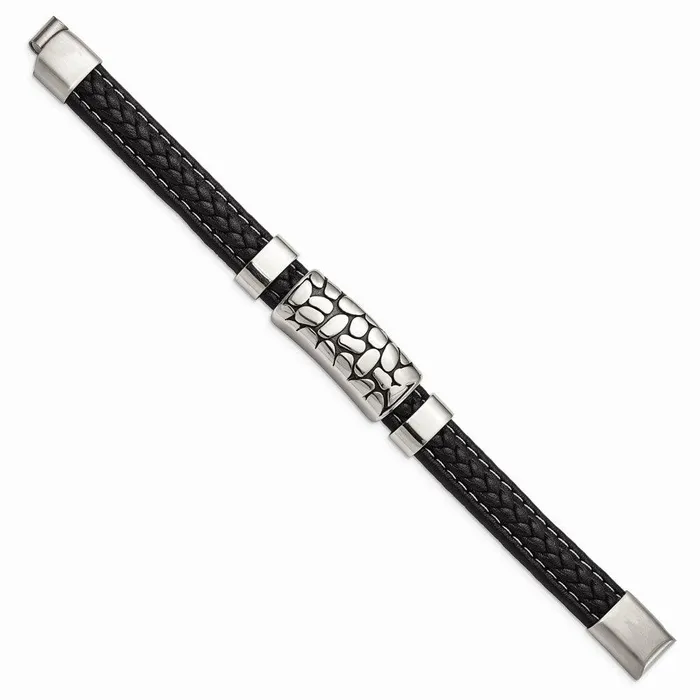 Chisel Bracelets Stainless Steel Antiqued Polished Black Faux Leather 85in Bracelet Chisel Bracelets Stainless Steel Antiqued Polished Black Faux Leather 85in Bracelet