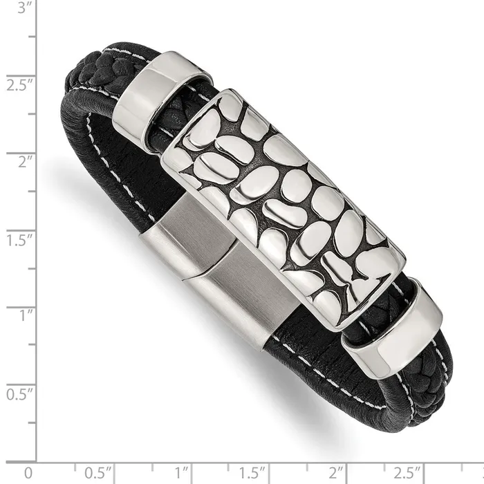 Chisel Bracelets Stainless Steel Antiqued Polished Black Faux Leather 85in Bracelet Chisel Bracelets Stainless Steel Antiqued Polished Black Faux Leather 85in Bracelet