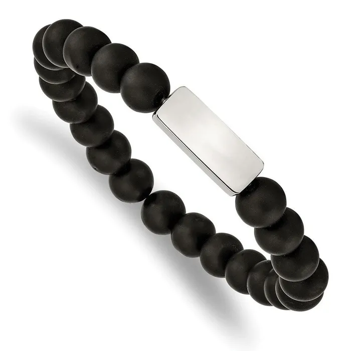 Chisel Bracelets Stainless Steel Polished ID Plate Black Agate Bead Stretch Bracelet Chisel Bracelets Stainless Steel Polished ID Plate Black Agate Bead Stretch Bracelet