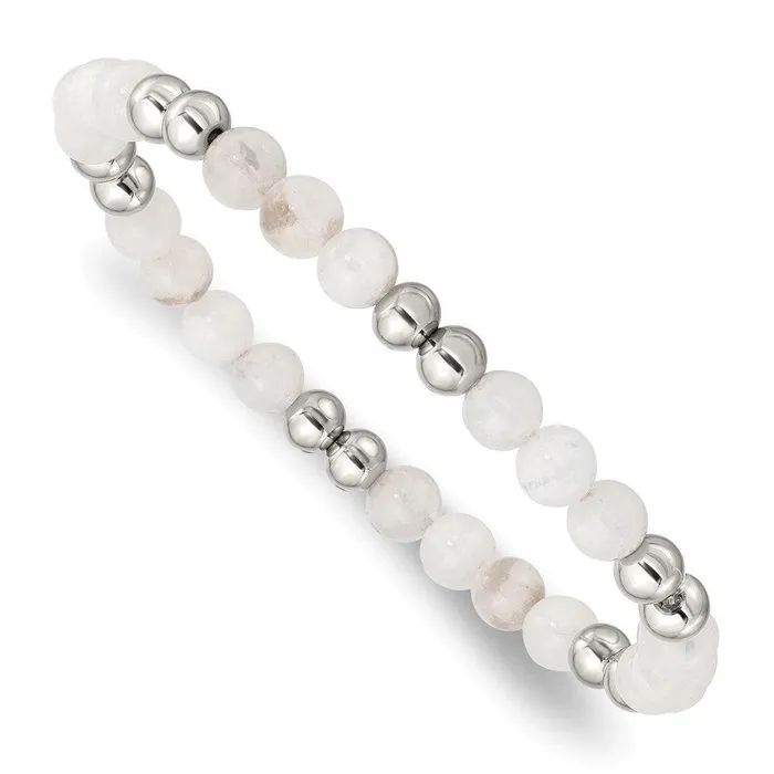 Chisel Bracelets Stainless Steel Polished White Moonstone Beaded Stretch Bracelet Chisel Bracelets Stainless Steel Polished White Moonstone Beaded Stretch Bracelet
