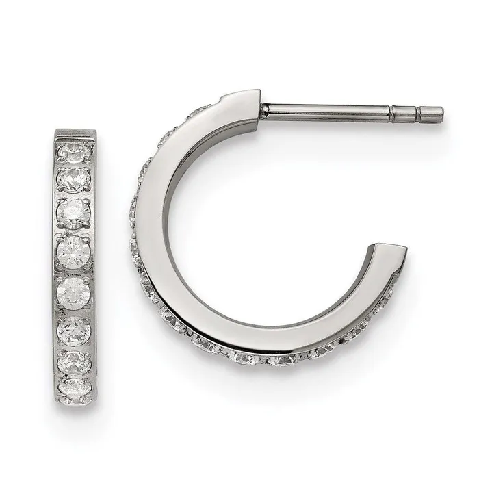 Chisel Earrings Stainless Steel Polished with CZ Post Hoop Earrings