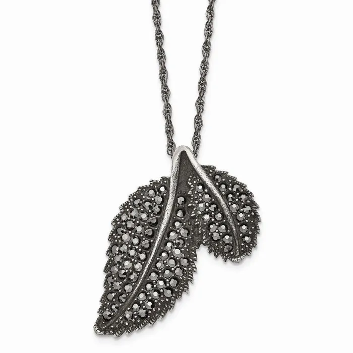 Chisel Necklaces Stainless Steel Marcasite and Antiqued Leaf Necklace
