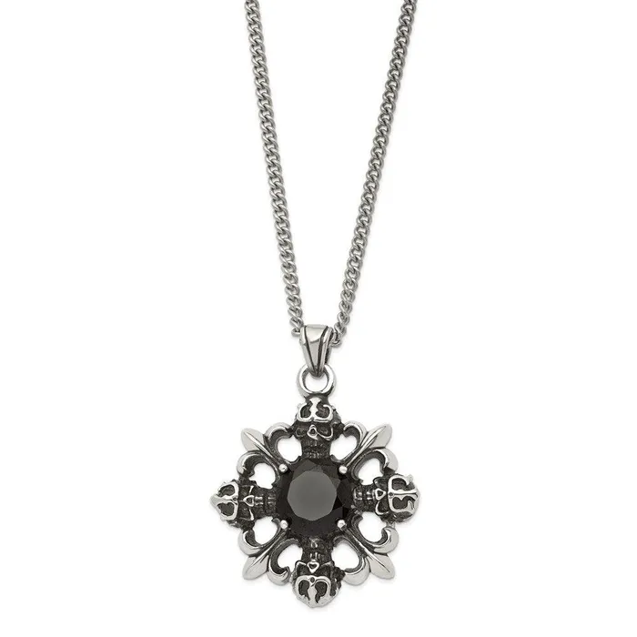 Chisel Necklaces Stainless Steel Skulls Fleur de lis wBlack CZ 22in Necklace Chisel Necklaces Stainless Steel Skulls Fleur de lis wBlack CZ 22in Necklace