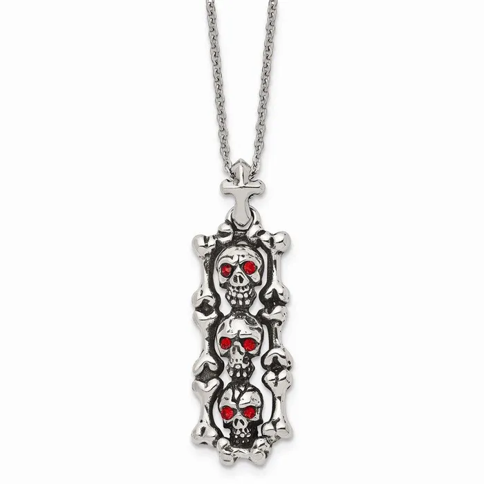 Chisel Stainless Steel Antiqued and Polished w Red Crystal Skull Necklace Necklaces Chisel Stainless Steel Antiqued and Polished w Red Crystal Skull Necklace Necklaces