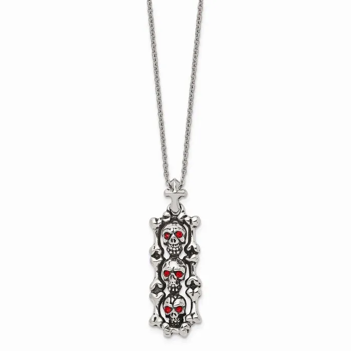 Chisel Stainless Steel Antiqued and Polished w Red Crystal Skull Necklace Necklaces Chisel Stainless Steel Antiqued and Polished w Red Crystal Skull Necklace Necklaces