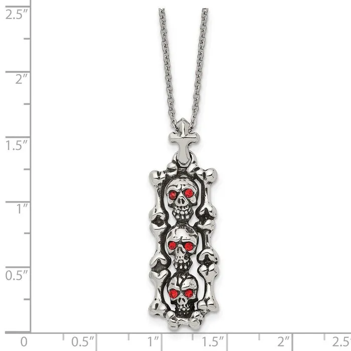 Chisel Stainless Steel Antiqued and Polished w Red Crystal Skull Necklace Necklaces Chisel Stainless Steel Antiqued and Polished w Red Crystal Skull Necklace Necklaces