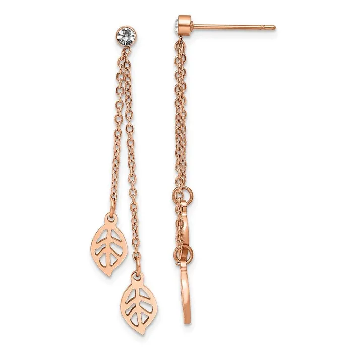 Chisel Stainless Steel Polished Rose IPplated with CZ Leaf Post Dangle Earrings Earrings Chisel Stainless Steel Polished Rose IPplated with CZ Leaf Post Dangle Earrings Earrings