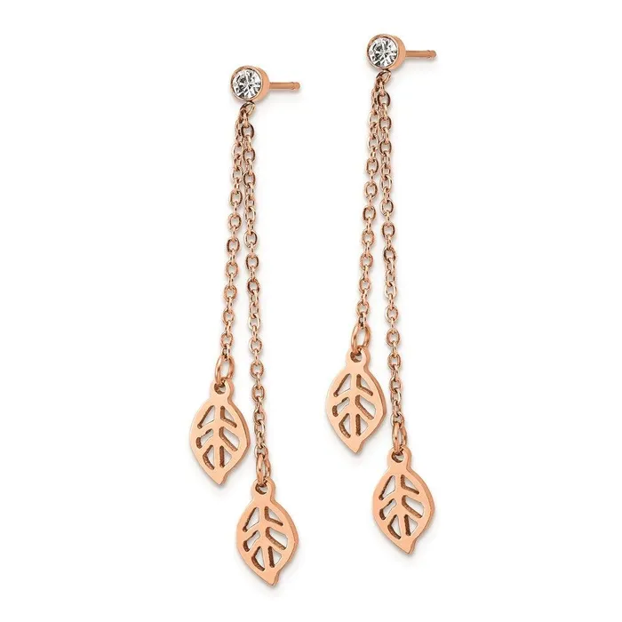 Chisel Stainless Steel Polished Rose IPplated with CZ Leaf Post Dangle Earrings Earrings Chisel Stainless Steel Polished Rose IPplated with CZ Leaf Post Dangle Earrings Earrings