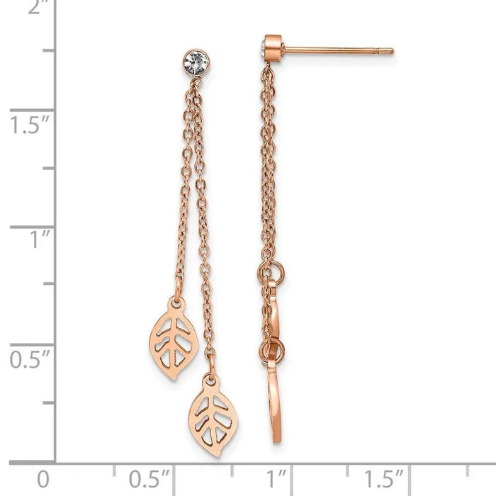 Chisel Stainless Steel Polished Rose IPplated with CZ Leaf Post Dangle Earrings Earrings Chisel Stainless Steel Polished Rose IPplated with CZ Leaf Post Dangle Earrings Earrings