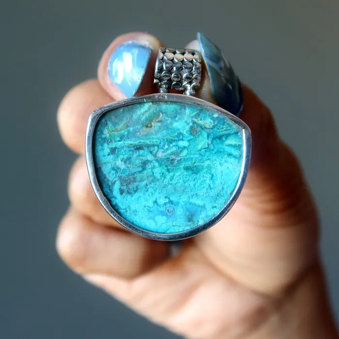 Chrysocolla Pendant Jungle Love Gem Sterling Silver Satin Crystals Necklaces