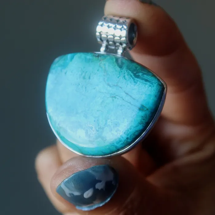 Chrysocolla Pendant Jungle Love Gem Sterling Silver Satin Crystals Necklaces