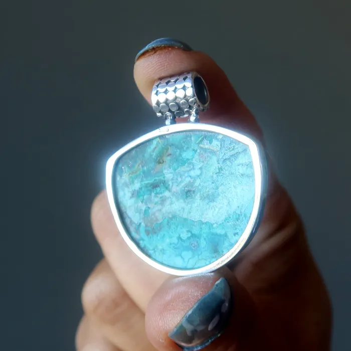 Chrysocolla Pendant Jungle Love Gem Sterling Silver Satin Crystals Necklaces