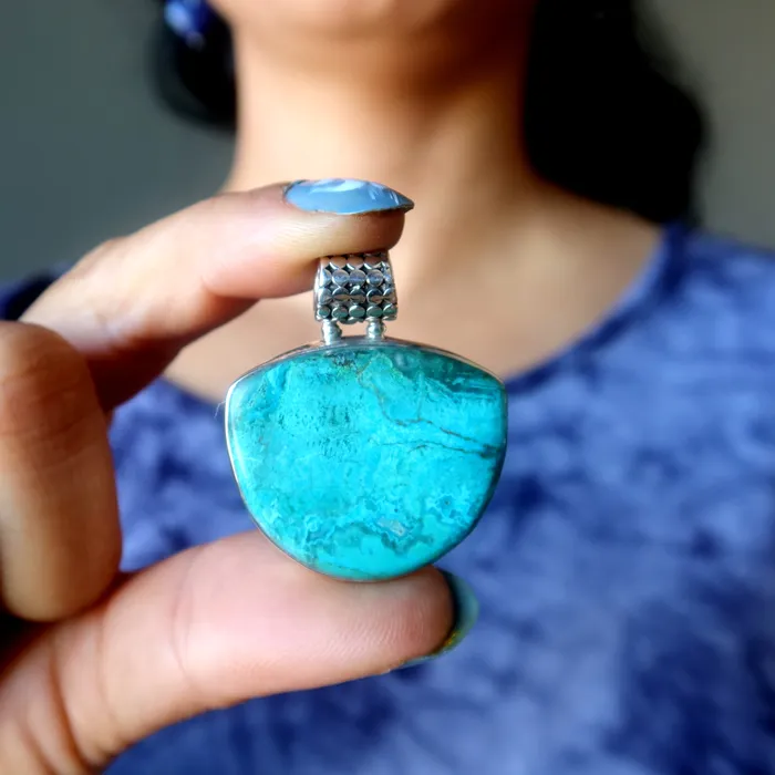Chrysocolla Pendant Jungle Love Gem Sterling Silver Satin Crystals Necklaces