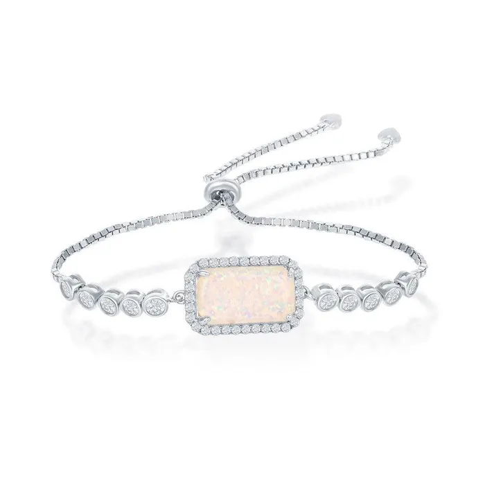 Classic Bracelets Sterling Silver Rectangle White Opal with CZ Border BezelSet CZ Adjustable Bolo Bracelet
