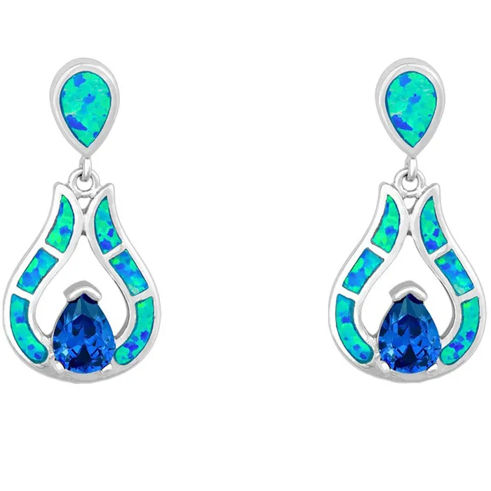Classic Earrings Womens Earrings Sterling Silver Blue Opal Teardrop with Center CZ D5192 Classic Earrings Womens Earrings Sterling Silver Blue Opal Teardrop with Center CZ D5192