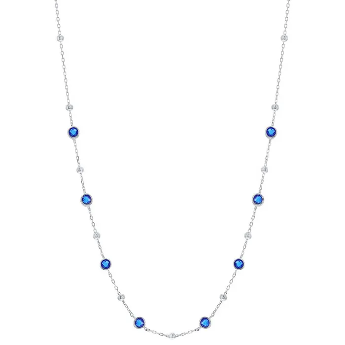 Classic Necklaces Classic Womens Necklace Silver Bezel Set Sapphire CZ and Bead Station M707516 Classic Necklaces Classic Womens Necklace Silver Bezel Set Sapphire CZ and Bead Station M707516