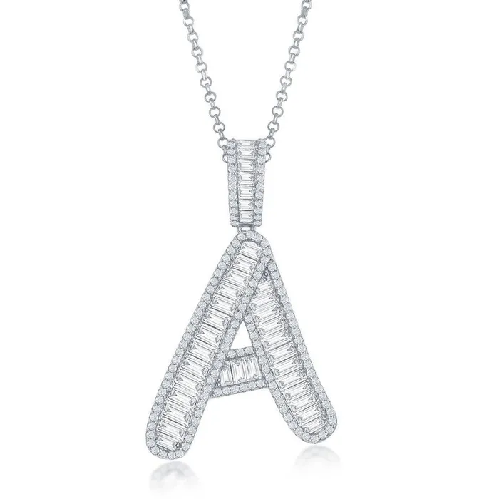 Classic Necklaces Sterling Silver A Initial Baguette CZ Pendant Chain