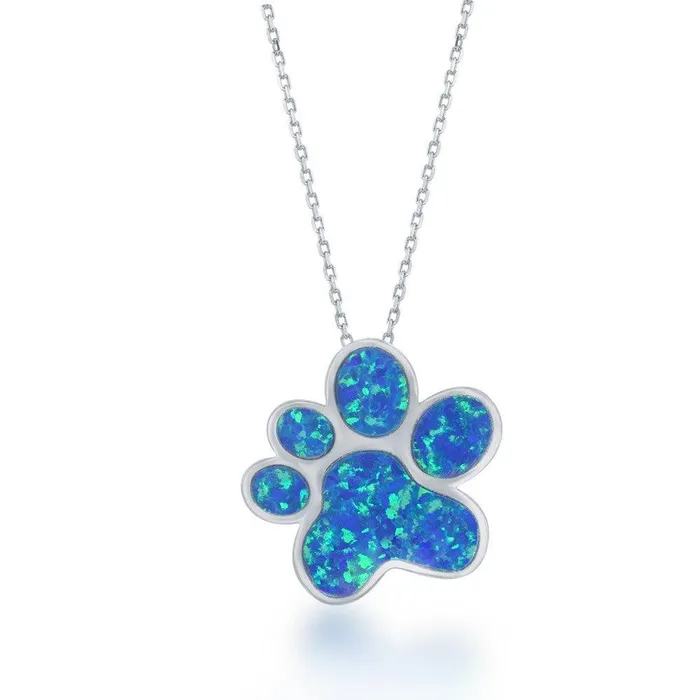 Classic Necklaces Sterling Silver Blue Inlay Opal Paw Print Pendant
