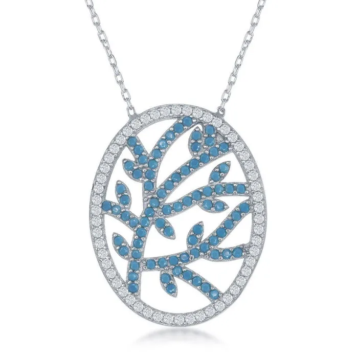 Classic Necklaces Sterling Silver Center Torqouise Branch Design with CZ Border Necklace Classic Necklaces Sterling Silver Center Torqouise Branch Design with CZ Border Necklace