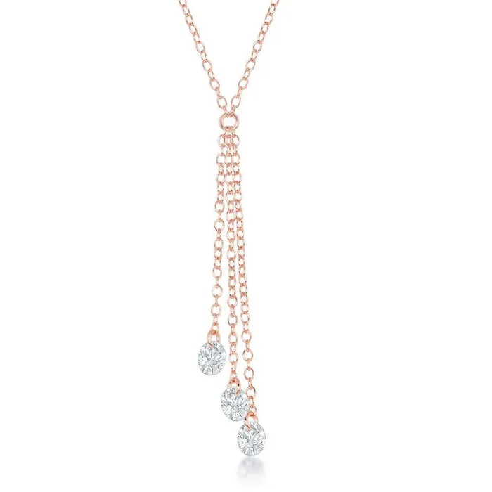 Classic Necklaces Sterling Silver Rose GP Three Single Hanging CZs Necklace Classic Necklaces Sterling Silver Rose GP Three Single Hanging CZs Necklace